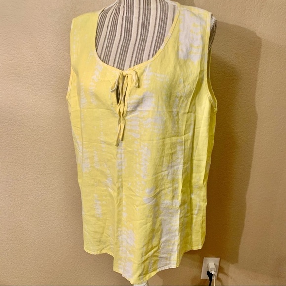 For Cynthia Linen Top XL Yellow White Blotchy Retro Keyhole Ties Linen Viscose - Picture 6 of 14